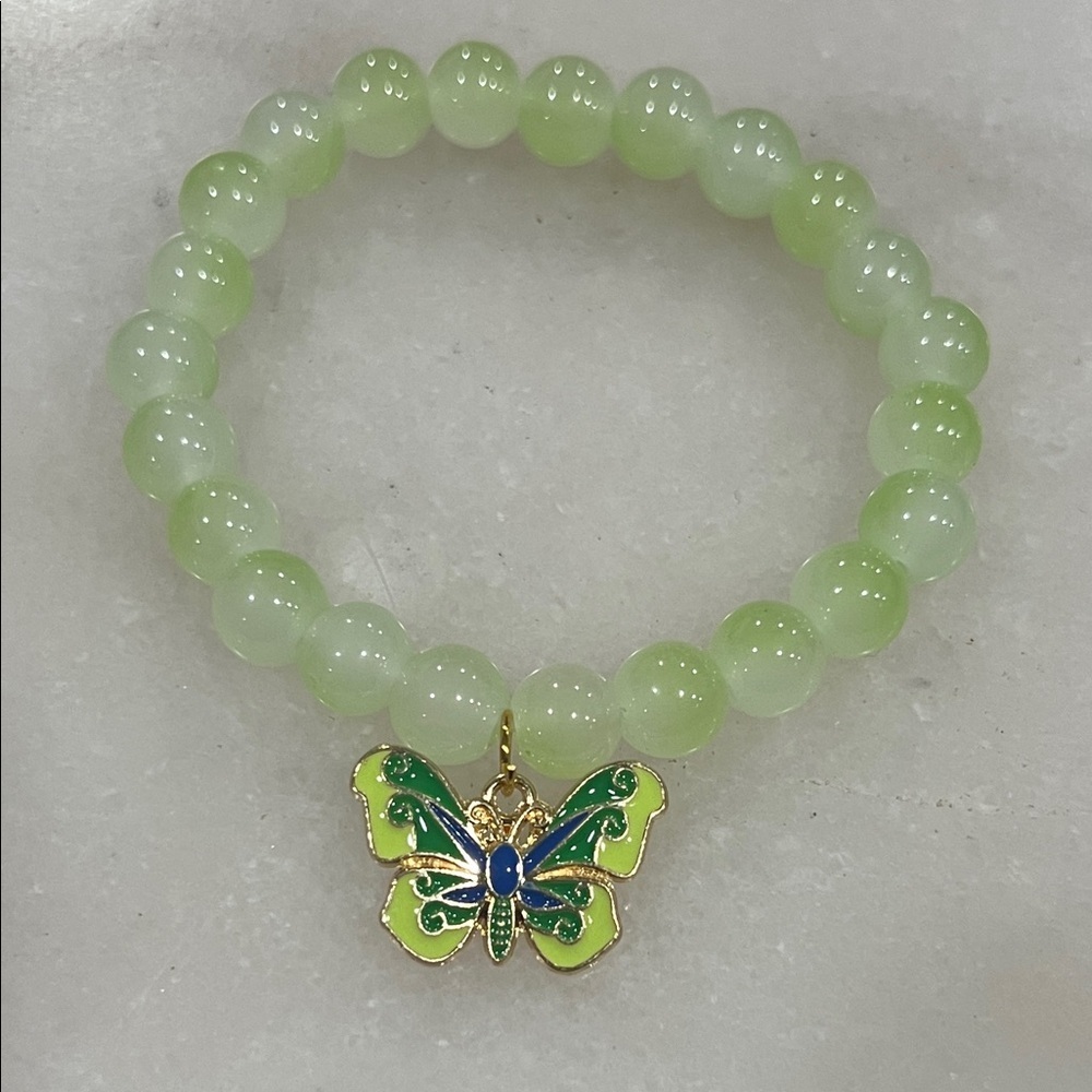 Green Beaded Bracelet with Butterfly Charm